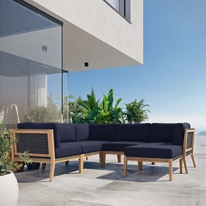 Modway Clearwater Outdoor Patio Teak Wood 6-Piece Sectional Sofa in Gray Navy - Picture 1 of 10