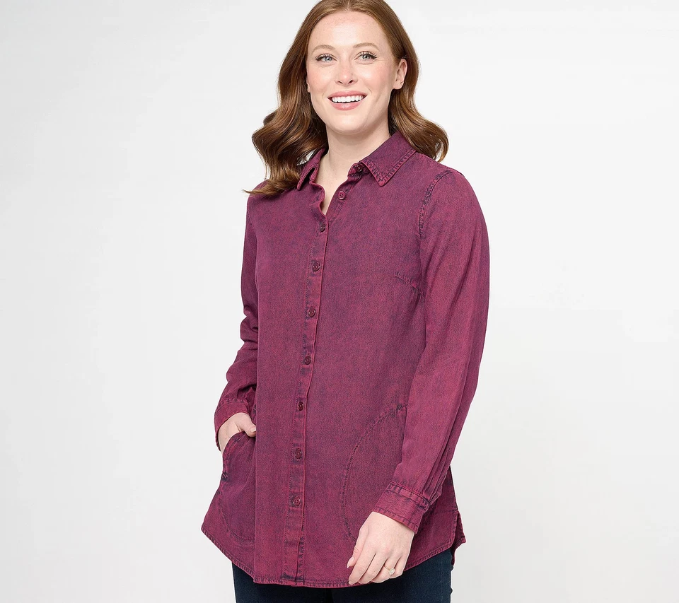 Camisa Denim Lavada Regular Joan Rivers Colección Clásica Rivers con Bolsillos Ciruela Foto 1 de 1