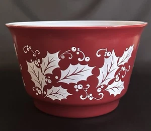 Hazel Atlas Christmas Holiday Serving Bowl/Punch Holly Burgundy Glass Vintage - Picture 1 of 8
