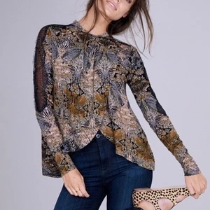 Free People NEW New World Nouveau Boho Top Womens XS Cut Out Coal Combo Abstract - Picture 1 of 12