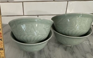 Longquan Celadon Green Koi Fish Carp Goldfish Rice Cereal Soup Bowl Set Of 4 - Picture 1 of 10