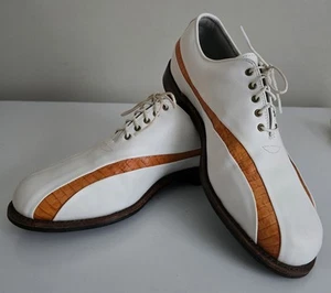 Footjoy Classics Dry Premiere Herren Golfschuhe weiß bernsteinfarbene Streifen 10D hergestellt in den USA - Bild 1 von 13