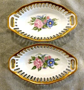 Juego de 2 platos vintage perforados ovalados florales pintados a mano de 7" China sueca - Imagen 1 de 8