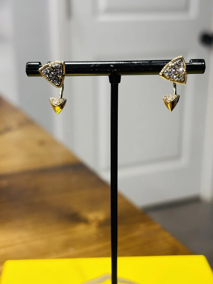 New Kendra Scott Perry Ear Gold Jacket Earrings In Black Drusy - Image 1 of 4