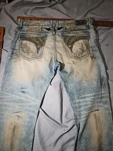Robins Jeans Mens 42x35 Blue Distressed Grunge Long Flap Rhinestone Jeweled  - Picture 1 of 24