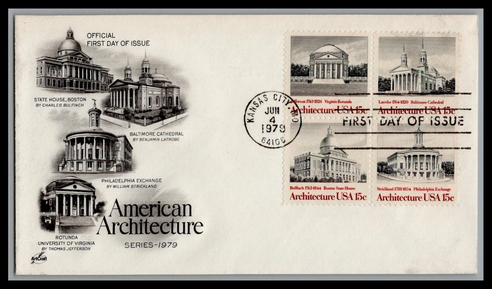 US FDC # 1779-1782 15c Architecture block ArtCraft S.Cancel 1979, 9c762 - Image 1 of 1