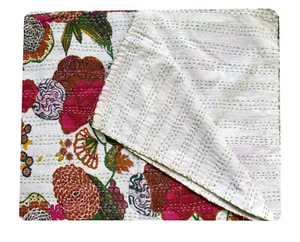 Vintage Indian Kantha Quilt Handmade White Bedspread Cotton Blanket Gudari Twin - Picture 1 of 6
