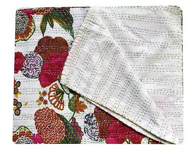 Vintage Indian Kantha Quilt Handmade White Bedspread Cotton Blanket Gudari Twin - Image 1 of 4