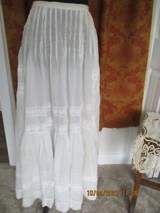 Antique Victorian Sheer Lace Inserts Skirt Petticoat White Lawn Cotton - Picture 1 of 11