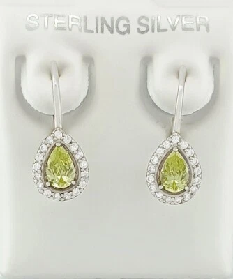 GENUINE WHITE SAPPHIRES & LAB PERIDOT 1.16 Cts DANGLE EARRINGS .925 SILVER - NWT - Image 1 of 4