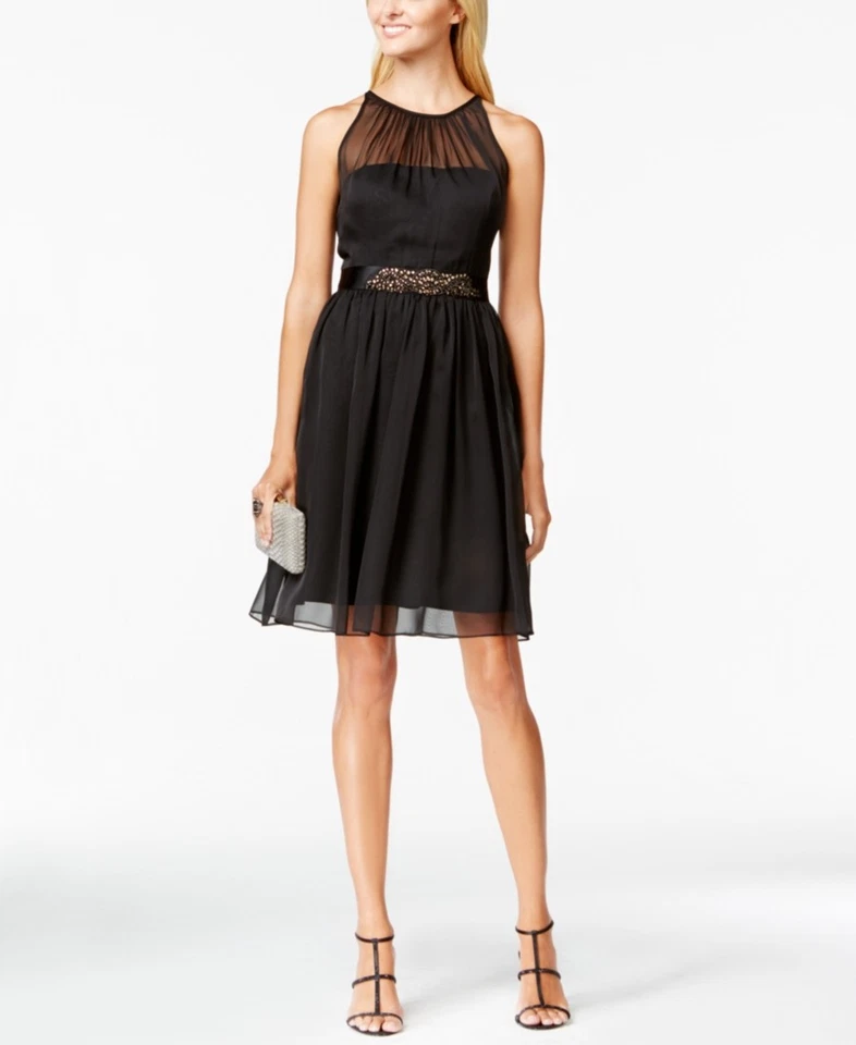 Adrianna Papell Womens Black Chiffon Embellished Cocktail Dress 8 BHFO 2580