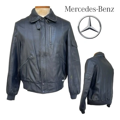 Chaqueta de bombardero de cuero vintage años 90 MERCEDES BENZ para hombre M bolsillos para conducir NEGRA Foto 1 de 4