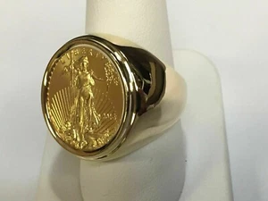 LIBERTY COIN Without Stone Ring 14k Yellow Gold Plated 925 Silver Unisex Ring - Picture 1 of 5