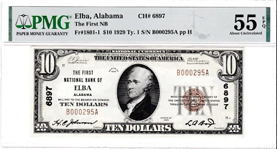 $10 1929T1 National 🇺🇸 ELBA Alabama AL 🇺🇸 PMG 55 EPQ Grade 🇺🇸 - Image 1 of 2