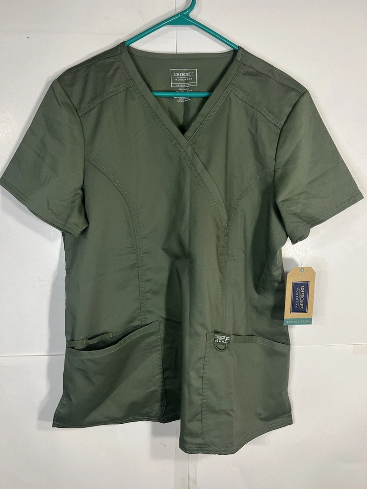 Cherokee Workwear Revolution Womens V Neck Scrub Top Sz L Green Pockets NWT - Image 1 of 4