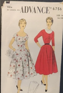 Vintage 1953 ADVANCE PATTERNS Sewing Pattern 6756 Full Skirt Dress Size 14 RARE - Picture 1 of 3