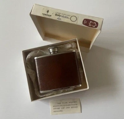 VANTAGE Brand STEEL & MONTANA Calf REAL BROWN LEATHER 4oz HIP Drink FLASK Boxed - Image 1 of 4