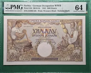 1942 SERBIA GERMANY OCCUPATION WWII 1000 DINARA P# 32a PMG 64 CHOICE UNC - Picture 1 of 2