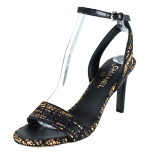 CHANEL 19A NIB Egypt Metallic Gold & Black Tweed Ankle Strap Heels Sandals 38.5 - Picture 1 of 14