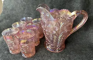 Imperial Lenox Rosa Karneval Glas Tiger Lilie Wasserkrug & 6 Becher Set - Bild 1 von 24