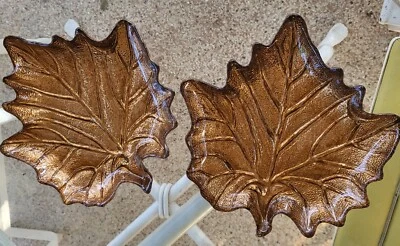 Juego De 2 Bonitos Cuencos De Vidrio BRILLANTES METÁLICOS RÚSTICOS Otoño FORMADO HOJA Cobre Quemado Foto 1 de 4