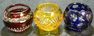 Vintage (3) Votivkerzenhalter Faberge geschliffen Kristall (rot, blau, gelb) Excel - Bild 1 von 9