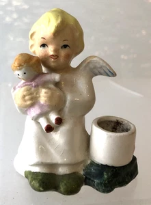 Statuina vintage Natale Giappone ceramica angelo bambina con portacandele 3" - Foto 1 di 6