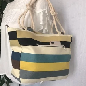 FARMHOUSE IS MY STYLE large canvas striped tote bag cream w/blue yellow NWOT - Picture 1 of 15