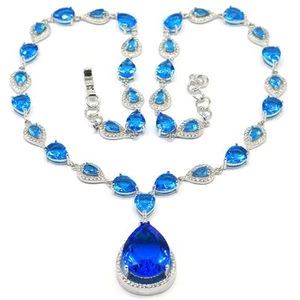 SheCrown großer Edelstein 33 g Schweizer Blautopas cz Hochzeit Silber Halskette 18-19 Zoll - Bild 1 von 2