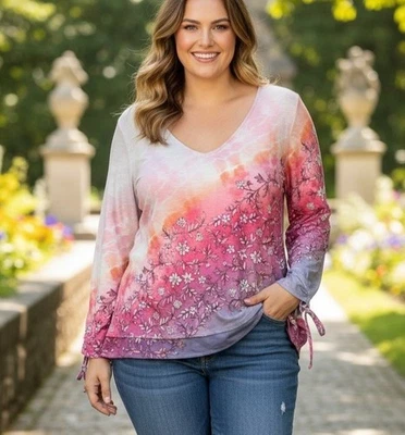 Túnica One World feminina 2X floral boho manga longa gola V rosa roxa ombre - Imagem 1 de 4