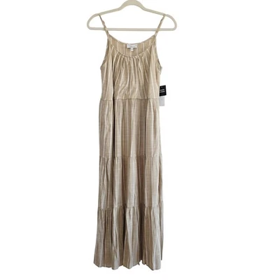 Robbie Bee Adjustable Strap Tiered Striped Cream Beige Maxi Dress Petite Medium - Image 1 of 4