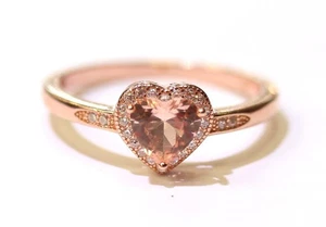 Anello in argento sterling 925 placcato oro rosa cuore aureola pesca cubic zirconia 2,1 g - Foto 1 di 6