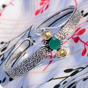 Green Onyx & Citrine Cut Gemstone 925 Sterling Silver Bracelet For Life Partner - Picture 1 of 8