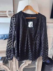 Neu mit Etikett Talbots schwarz Langarm gepunktet Schlitz Ausschnitt Bluse Größe Medium - Bild 1 von 8
