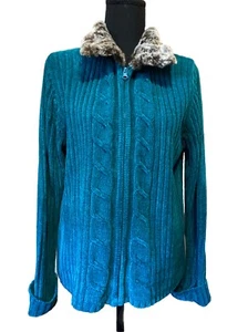 Designers Originals teal Faux Fur Collar Zip Cardigan Size PL Vintage - Picture 1 of 16