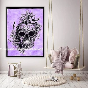 Indian Human Skull Purple Color Wall Decor Cotton Tapestry Room Decorative Throw - Picture 1 of 2