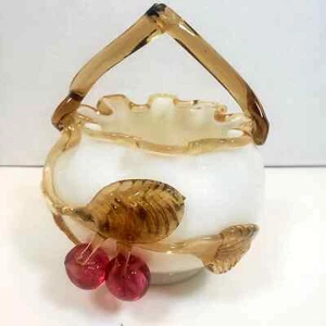 Victorian Custard Glass Cherries Amber Hand Blown Basket Ruffle Handle Glow - Picture 1 of 11