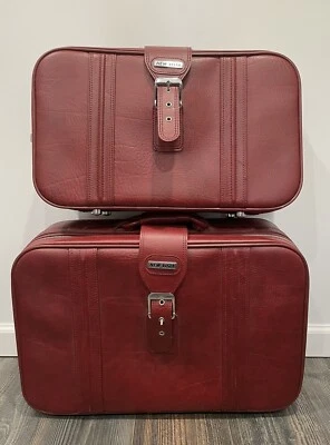 Vtg New Vista Leather 2 Piece Travel Luggage Set Red Burgundy Maroon 70’s Mod - Image 1 of 4