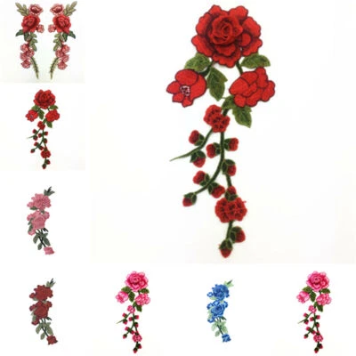 Embroidered Cloth Floral Dress Craft Red Rose Flower Applique Sew on Patch Badge - Image 1 of 4