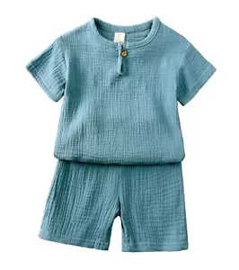 Baby Boys Aqua Hemp Linen Top + Shorts Set Kids Casual Boutique Outfits 12-24M - Picture 1 of 1