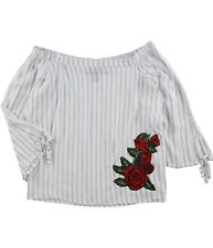 polly & esther Womens Rose Patch Off the Shoulder Blouse, White, X-Large