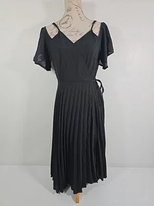 BOOHOO Woven Shoulder Pleated Midi Skater Bridesmaid Dress Black BNWT UK 14 - Picture 1 of 18
