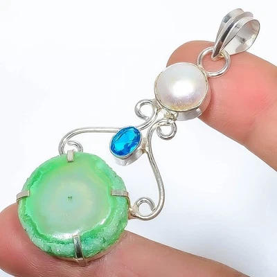 Drusy Gemstone Indian Handmade Jewelry 925 Sterling Silver Pendant For Women - Image 1 of 4