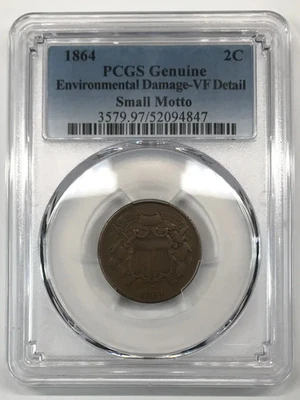 1864 P Small Motto Two-Cent Piece (2c) PCGS VF Detail (env damage) -nice obverse - Image 1 of 4
