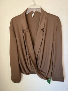 Camicia da lavoro Halara XL colletto dentellato incrociato manica lunga marrone stile avvolgente nuova con etichetta - Foto 1 di 15