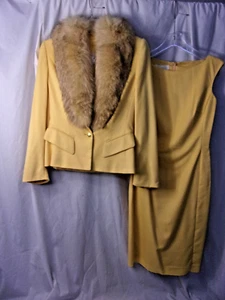 Escada Couture Gold Wool Fox Trim Dress & Jacket 36 Numbered Piece STUNNING - Picture 1 of 13