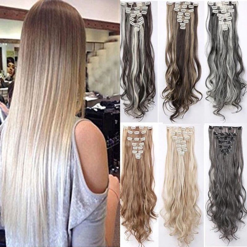 Extensiones de cabello con clip natural real 8 piezas cabeza completa rizada larga como cabello humano Foto 1 de 4