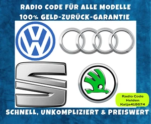 Radio Code VW AUDI SKODA SEAT Pin Code alle Modelle Geld-zurück-Garantie. - Bild 1 von 9