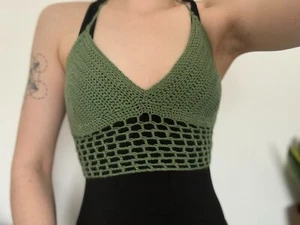 Sage Green Womens Crocheted Bralette Top Size S Fully Adjustable, Cup Size A-C - Picture 1 of 3