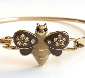 Bumble Bee Bangle Bracelet 8" Crystal Beige Enamel Gold Plated Charm USA